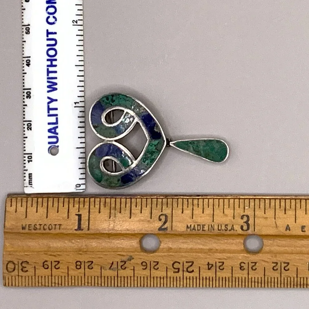 TAXCO Los Castillo Mexico Eagle 15 Heart Sterling Brooch Malachite Chrysocolla